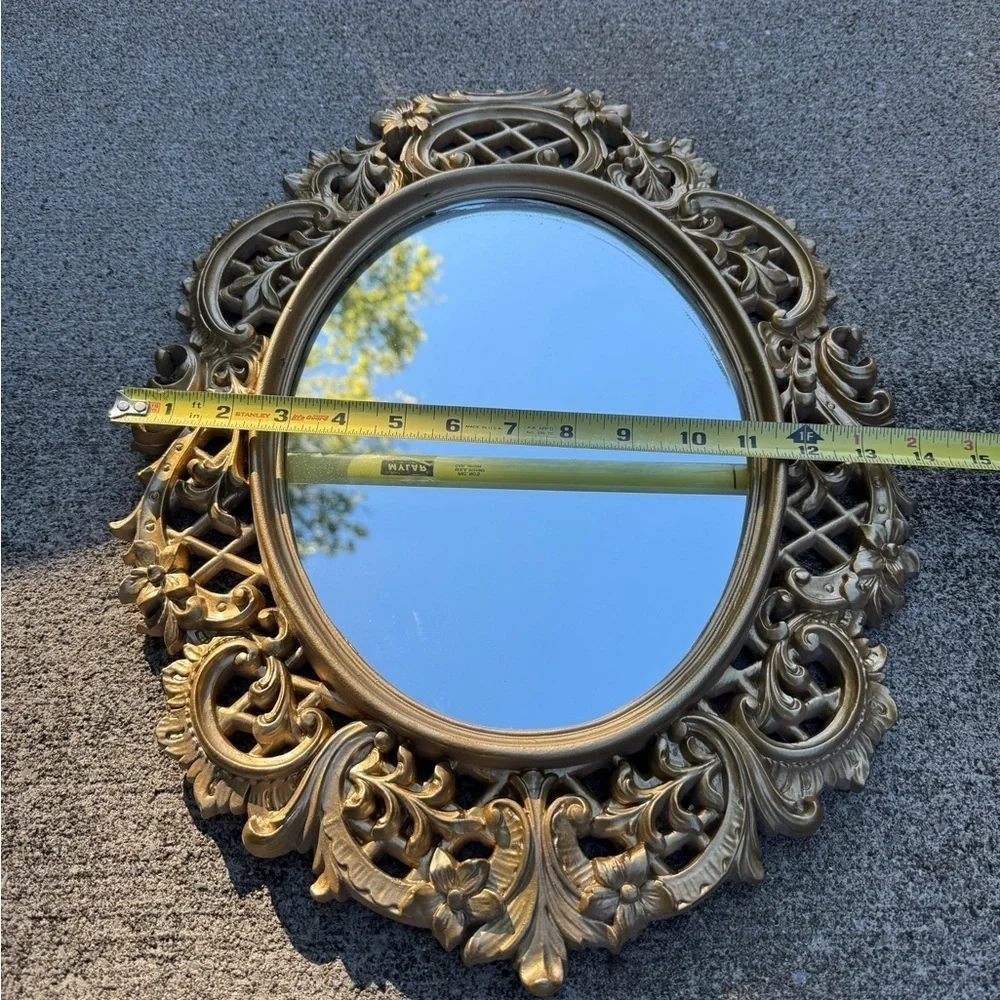 Mid-Century Hollywood Regency Gold Ornate Mirror Wood Floral Velvet Back 18x14”